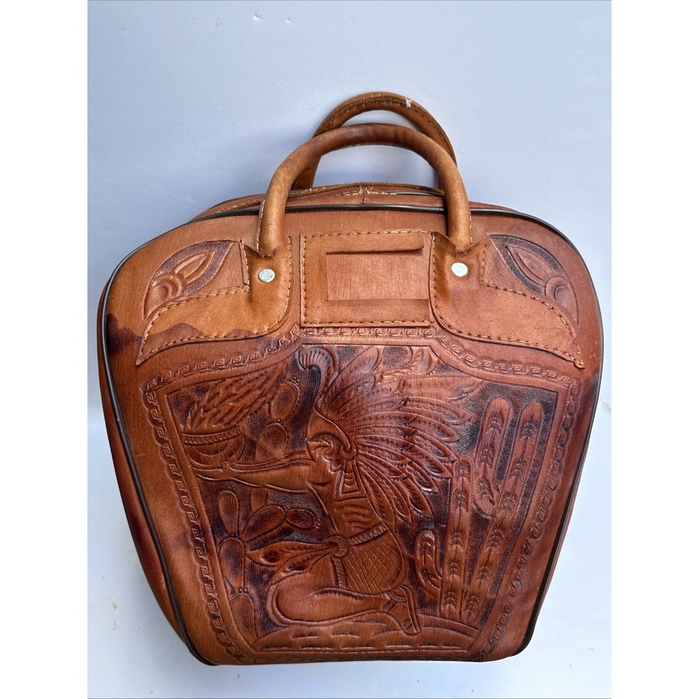 Vintage Leather Bowling Ball Bag Aztec Mayan Theme Embossed‎ Tooled Mexico